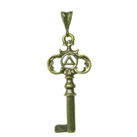 Brass Pendant, Two Sided Old Style Key with Small Alcoholics Anonymous AA Symbol, Antiqued Finish