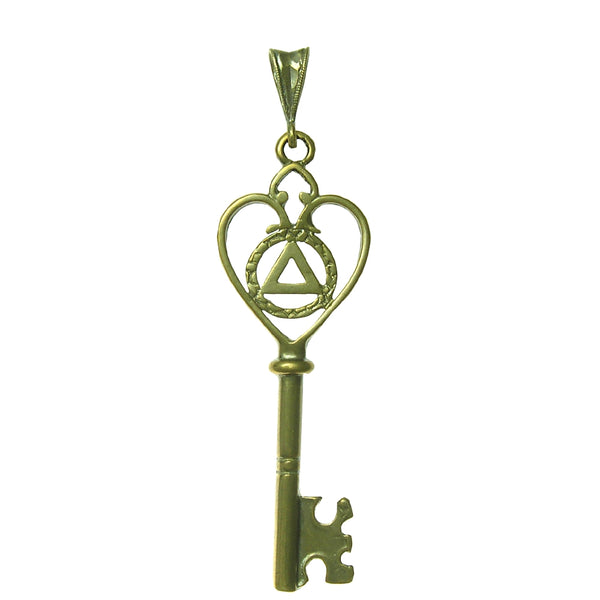 Brass Pendant, Old Style Heart Shaped Key with Alcoholics Anonymous AA Symbol, Antiqued Finish