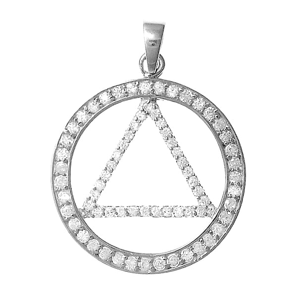 Sterling Silver Pendant, Alcoholics Anonymous AA Symbol, Large Circle Triangle with Beautiful Cz's