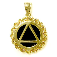 14k Gold Pendant, Alcoholics Anonymous AA Symbol in Rope Style Circle w/Black Onyx, Medium Size