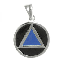 Sterling Silver Pendant, Alcoholics Anonymous AA Symbol with Black Enamel Circle and Blue Enamel Triangle