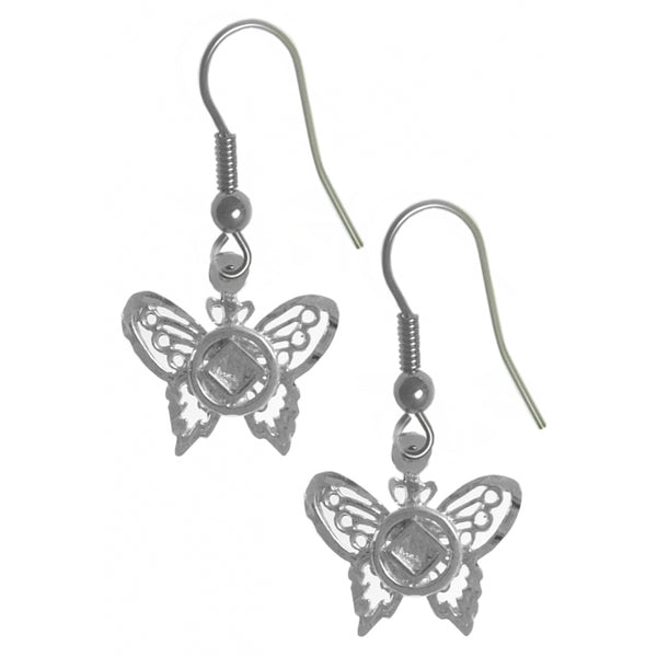 Sterling Silver Earrings, Narcotics Anonymous NA Symbol on a Small Beautiful Butterfly