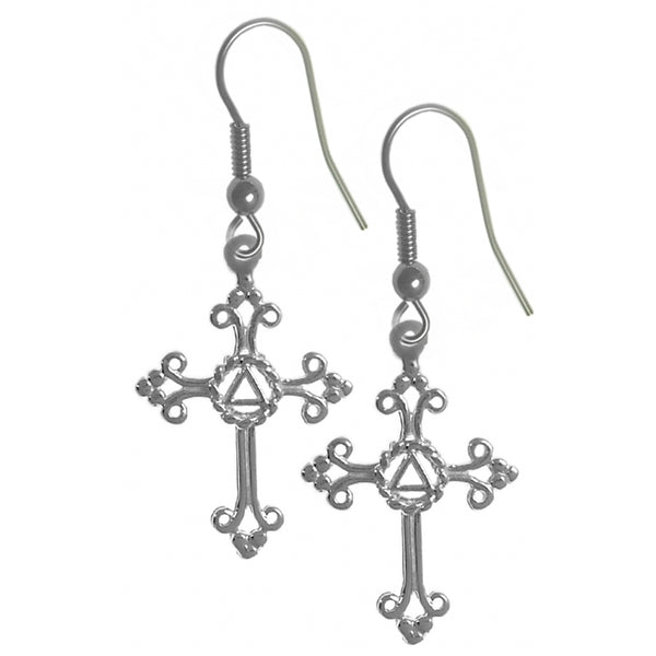 Sterling Silver Earrings, Alcoholics Anonymous AA Symbol Set in a Open Cross
