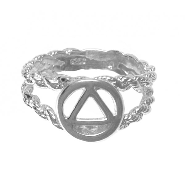 Sterling Silver Ring, Alcoholics Anonymous AA Symbol Circle Triangle on a Open Rope Style Band