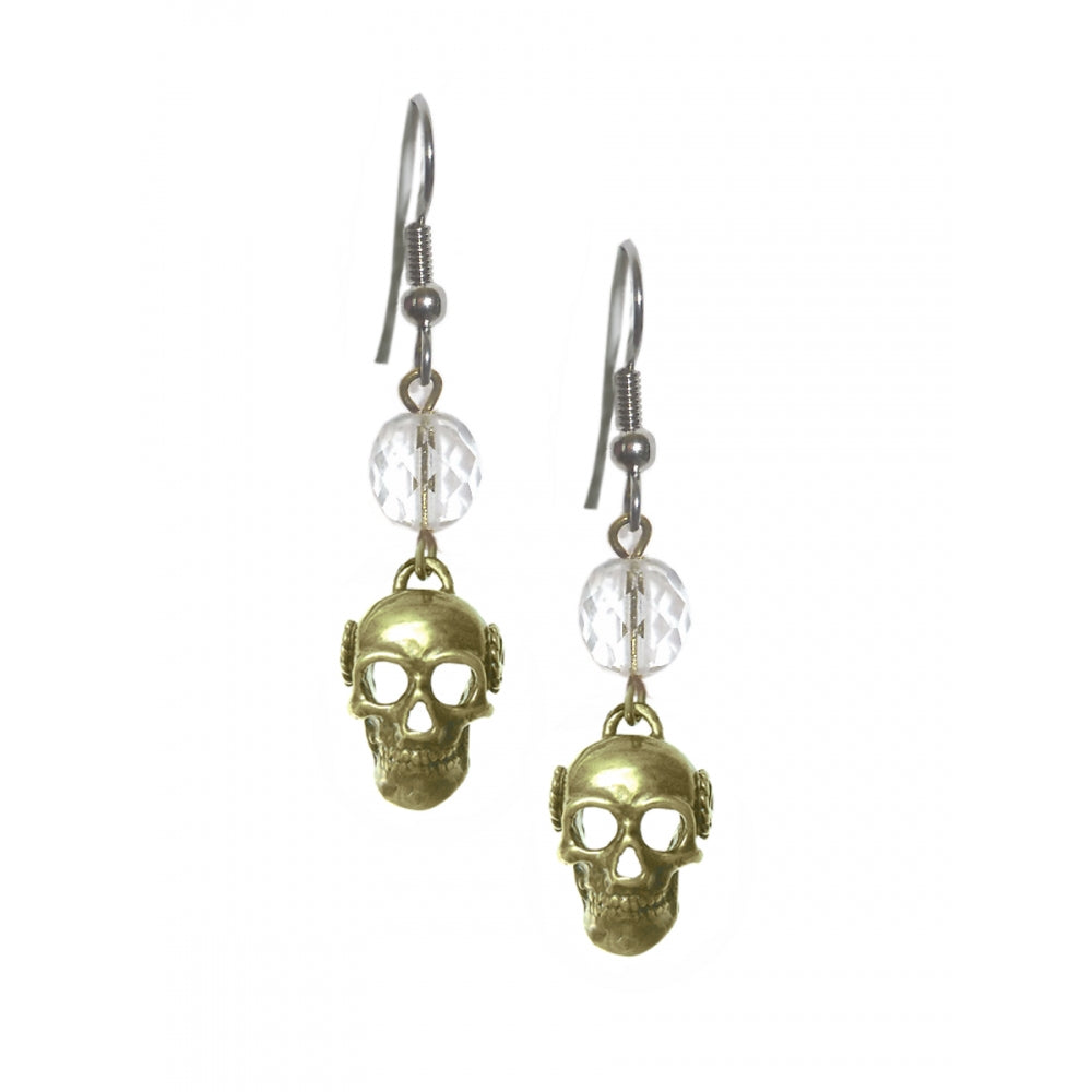 Beaded Earrings Alcoholics Anonymous AA Antique Brass Finish 3d Skull
