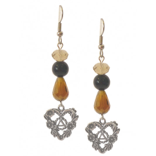 Beaded Earrings Alcoholics Anonymous AA Symbol in the Center of an Open 2 Sided Heart with Flowers
