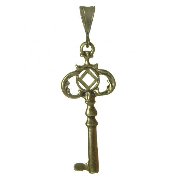 Brass Pendant, Two Sided Old Style Key with Narcotics Anonymous NA Symbol, Medium Size