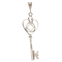 Sterling Silver Pendant, Old Style Heart Shaped Key with Narcotics Anonymous NA Symbol, Large Size