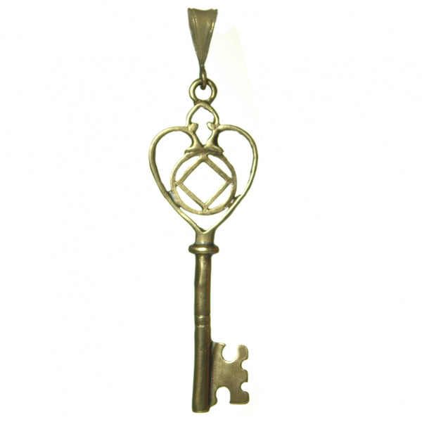 Brass Pendant, Old Style Heart Shaped Key with Narcotics Anonymous NA Symbol, Large Size