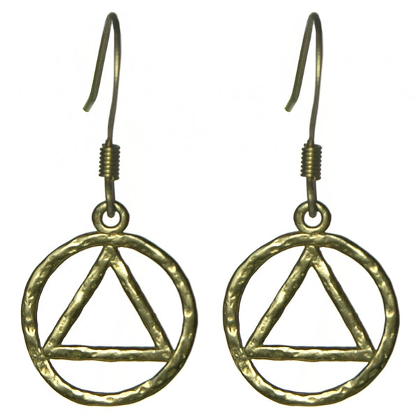 Brass, Alcoholics Anonymous AA Symbol Hammered Style Earrings