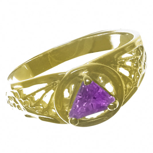 14k Gold Ring, Delicate Alcoholics Anonymous AA Symbol Ring, 5X5mm CZ Triangle in Purple Color, Filigree Style