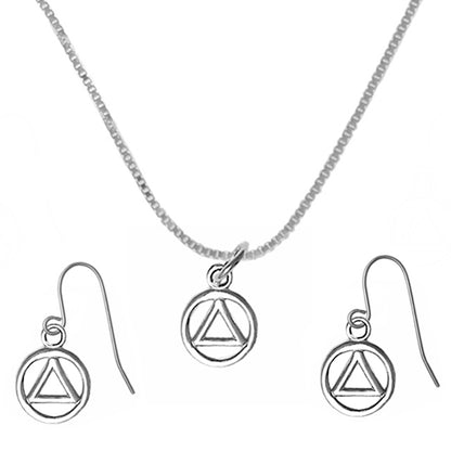 Set of Small Alcoholics Anonymous AA Symbol #49 Pendant with #213 Light Box Chain and #701 Earrings, Chain Available in 3 Different Lengths