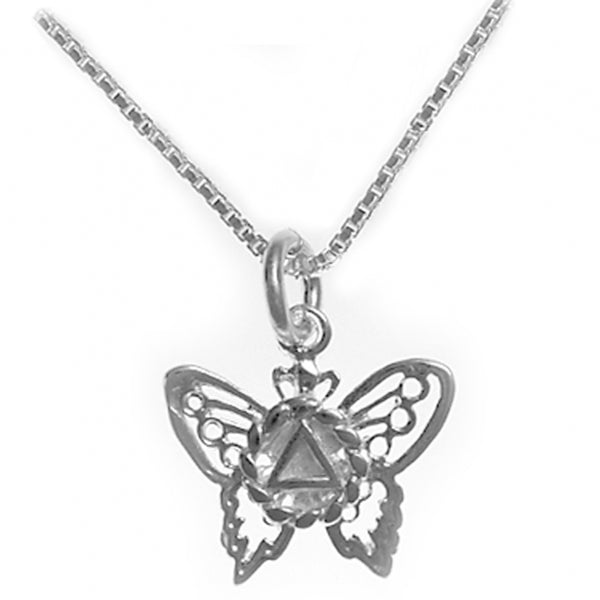 Set of Small Alcoholics Anonymous AA Symbol #978 Butterfly Pendant with #213 Light Box Chain, Chain Available in 3 Different Lengths