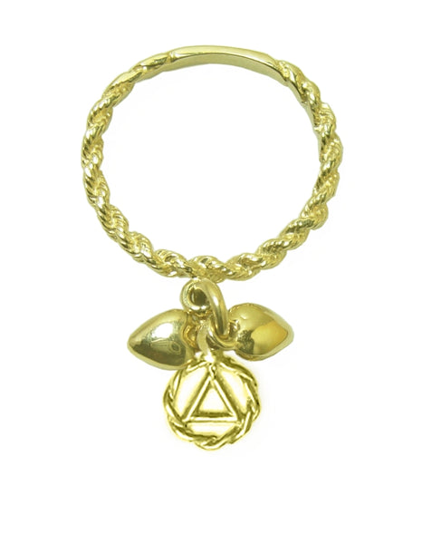 14k Gold, Dangle Ring, Twist Wire Style with a small Alcoholics Anonymous AA Circle Triangle Charm and 2 Hearts