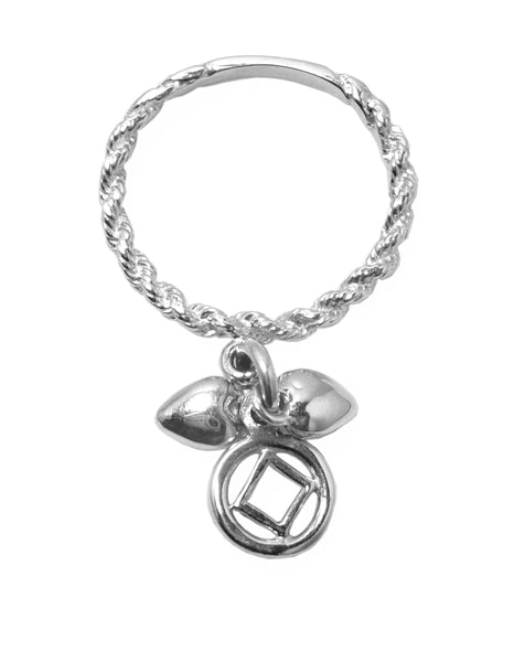 Sterling Silver Dangle Ring, Twist Wire Style with a small Narcotics Anonymous NA Symbol Charm and 2 Hearts