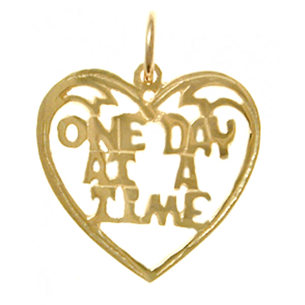 14k Gold, Sayings Pendant, Heart with "One Day At A Time"