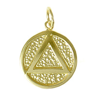 14k Gold Pendant, Solid Textured Circle, Coin Style with Triangle, Medium Size