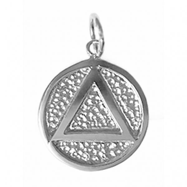 Sterling Silver Pendant, Solid Textured Circle, Coin Style with Triangle, Medium Size