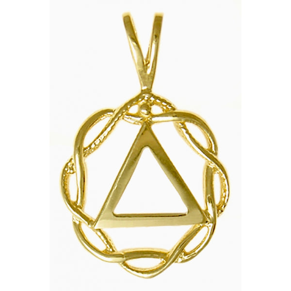 14k Gold Pendant, Alcoholics Anonymous AA Symbol in a Basket Weave Circle, Medium Size