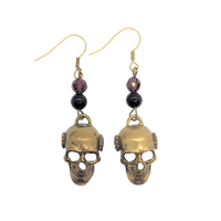 Beaded Earrings Alcoholics Anonymous AA Antique Brass Finish 3d Skull