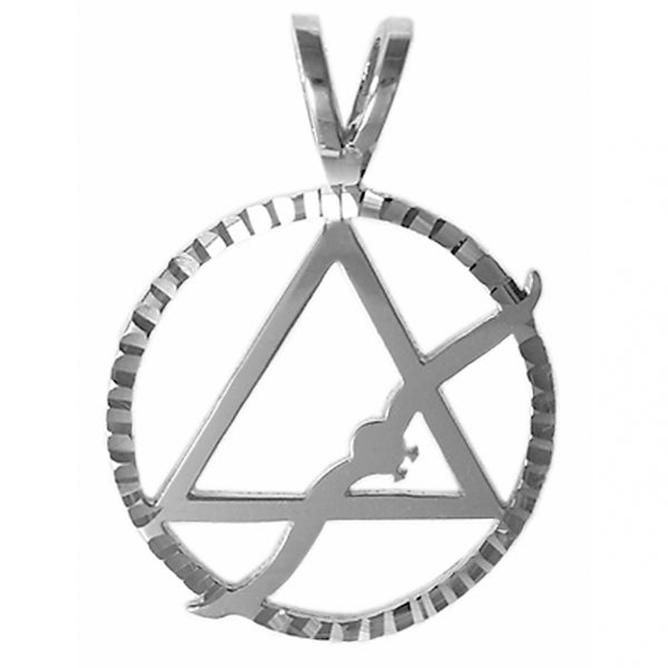 Sterling Silver Pendant, Alcoholics Anonymous AA Symbol w/Flying Seagull in a Diamond Cut Circle, Large Size