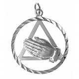 Sterling Silver Pendant, Alcoholics Anonymous AA Symbol w/Praying Hands in a Diamond Cut Circle, Large Size