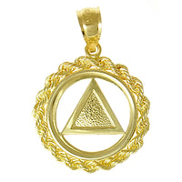 14k Gold Pendant, Alcoholics Anonymous AA Symbol, Solid Textured Triange in a Rope Style Circle, Medium Size