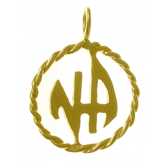 14k Gold Pendant, Narcotics Anonymous NA Initials in a Twist Wire Style Circle Medium Size