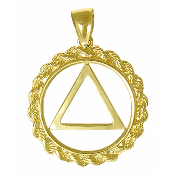 14k Gold Pendant, Alcoholics Anonymous AA Symbol, Rope Style Circle, Medium Size