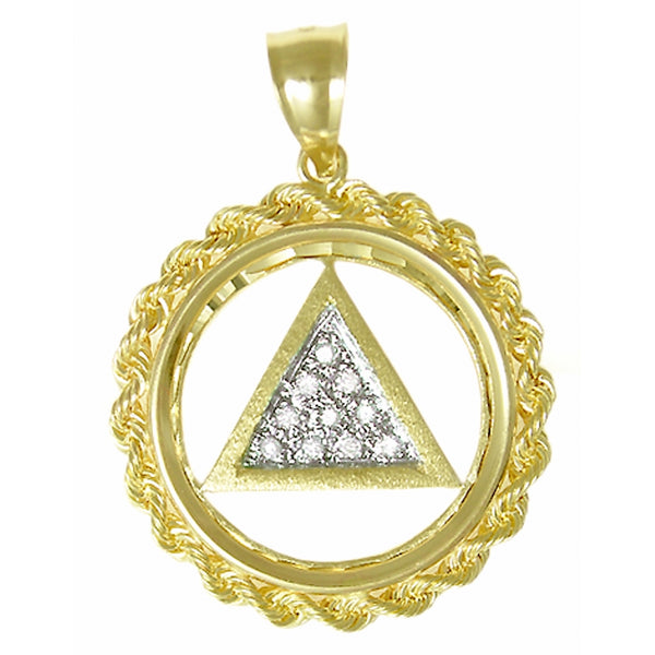 14k Gold Pendant, Alcoholics Anonymous AA Symbol, Rope Circle w/10, 1pt. Paved Diamonds set in center of Triangle