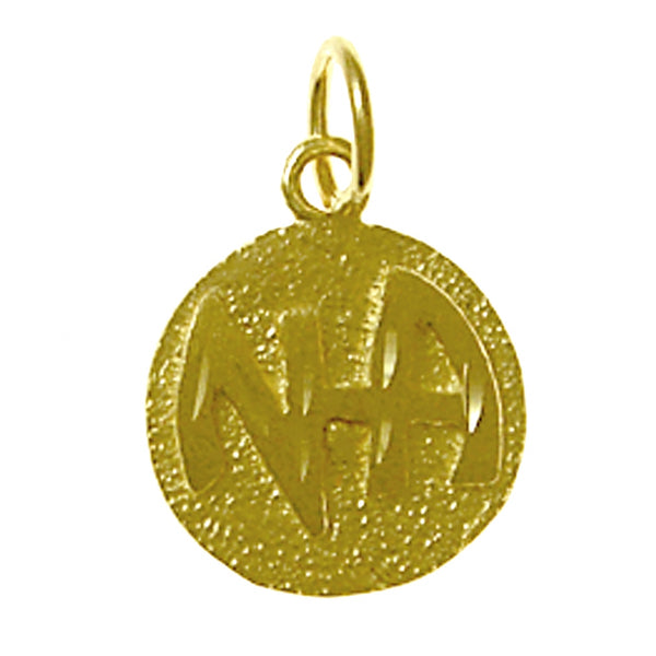 14k Gold Pendant, Narcotics Anonymous NA Initials in a Solid Textured Coin Style Circle, Medium Size