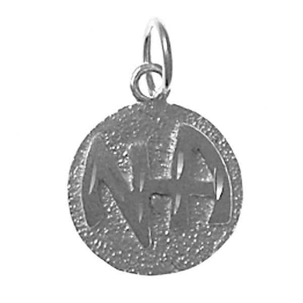 Sterling Silver Pendant, Narcotics Anonymous NA Initials in a Solid Textured Coin Style Circle, Medium Size