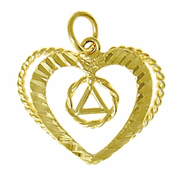 14k Gold Pendant, Alcoholics Anonymous AA Symbol in a Small Twist Wire Circle in a Open Heart