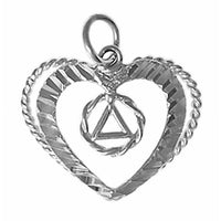 Sterling Silver Pendant, Alcoholics Anonymous AA Symbol in a Small Twist Wire Circle in a Open Heart