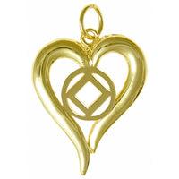 14k Gold, Heart Pendant with Narcotics Anonymous NA Symbol in the Center, Medium Size