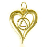 14k Gold Pendant, Alcoholics Anonymous AA Symbol in a Open Heart, Medium Size