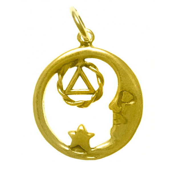 14k Gold Pendant, Moon and Star with Alcoholics Anonymous AA Symbol, Medium Size