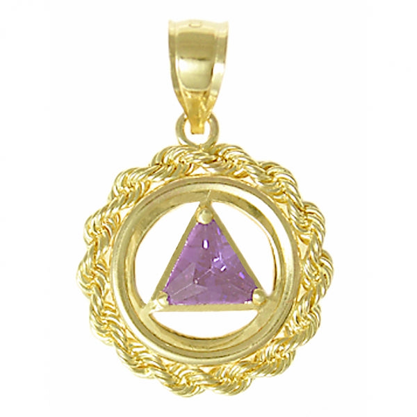 14k Gold Pendant, Small Size, Rope Style Circle, Available in Amethyst 6mm Triangle Colored CZ Birthstone