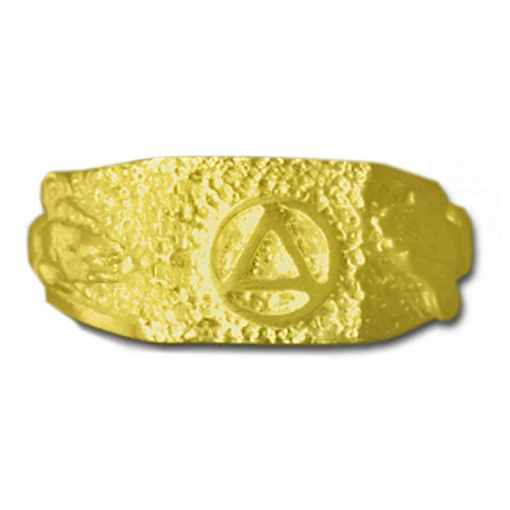14k Gold, Mens Square Style Ring with Alcoholics Anonymous AA Symbol in the Center and Praying Hands on each side of  the Band