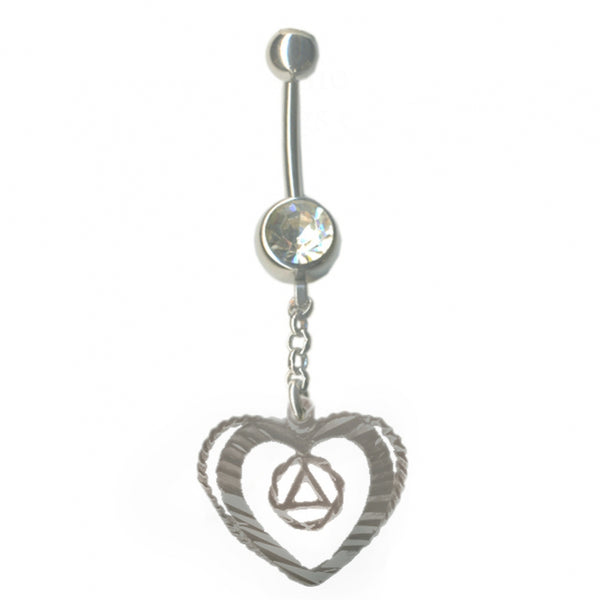 Sterling Silver Body Jewelry, Alcoholics Anonymous AA Symbol in a Small Twist Wire Circle in a Open Heart