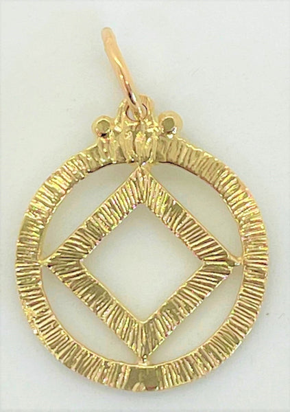 14k Gold Pendant, Narcotics Anonymous NA Symbol in a Textured Circle, Medium Size