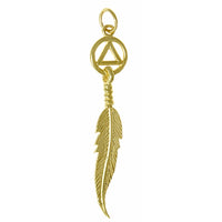 14k Gold Pendant, Alcoholics Anonymous AA Circle Triangle with a Single Feather