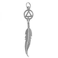 Sterling Silver Pendant, Alcoholics Anonymous AA Circle Triangle with a Single Feather
