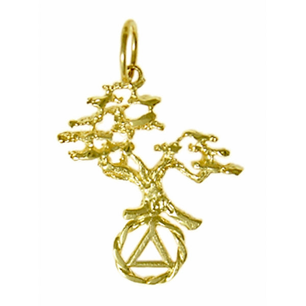 14k Gold Pendant, Alcoholics Anonymous AA Recovery Symbol with a Beautiful Tree of Life