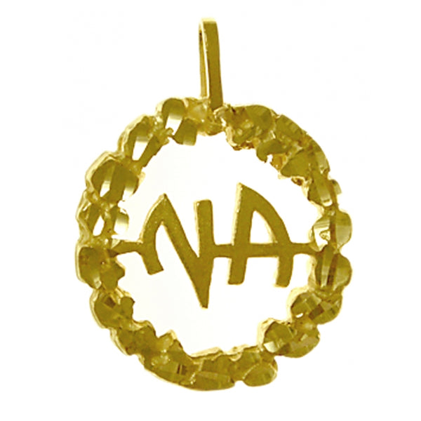 14k Gold Pendant, Narcotics Anonymous NA Initials in a Nugget Style Circle Medium Size