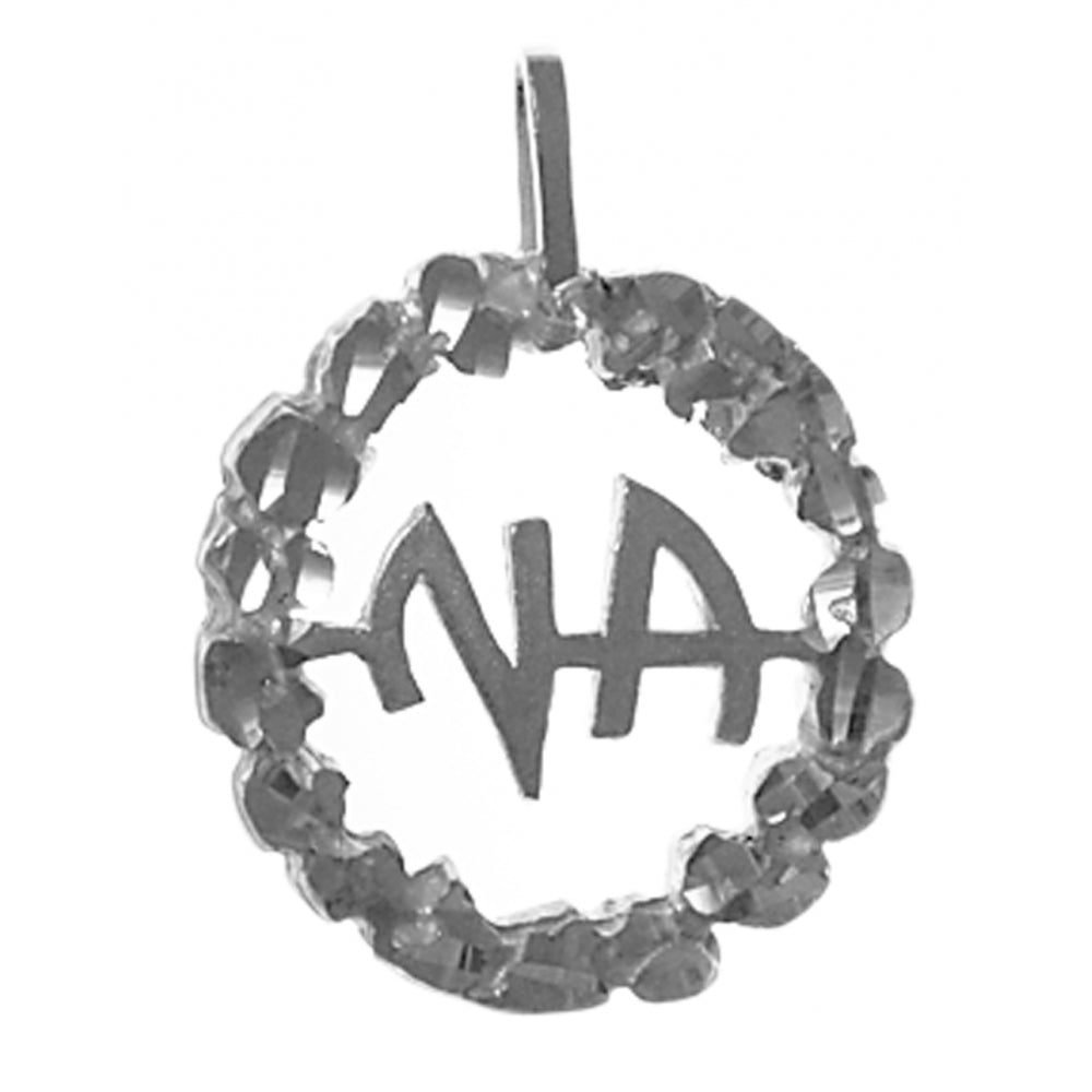 Sterling Silver Pendant, Narcotics Anonymous NA Initials in a Nugget Style Circle Medium Size
