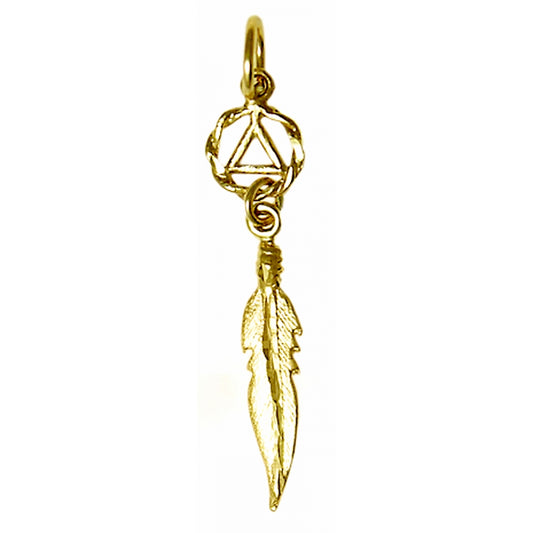 14k Gold Pendant, Alcoholics Anonymous AA Circle Triangle with a Single Feather