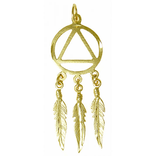 14k Gold Pendant, Alcoholics Anonymous AA Symbol in Diamond Cut Circle with 3 Feathers