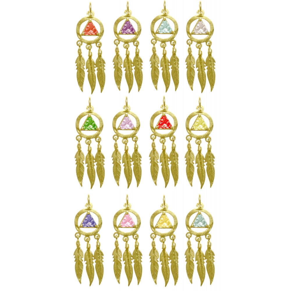 14k Gold Pendant, Alcoholics Anonymous AA Symbol with 3 Feathers, Available in 12 Different Birthstones