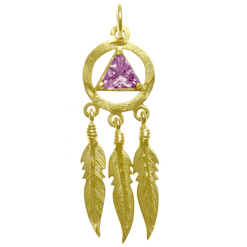 14k Gold Pendant, Alcoholics Anonymous AA Symbol with 3 Feathers, Available in 12 Different Birthstones